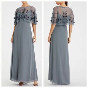 Mac Duggal Gray Sleeveless Chiffon Gown With Embellished Cape